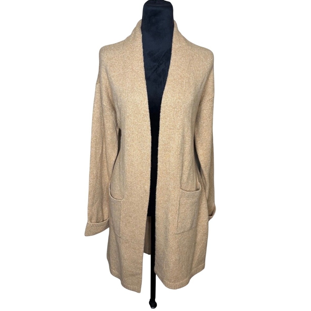 Loft Tan Marled Longline Belted Cardigan Sweater Small Open Front Pockets